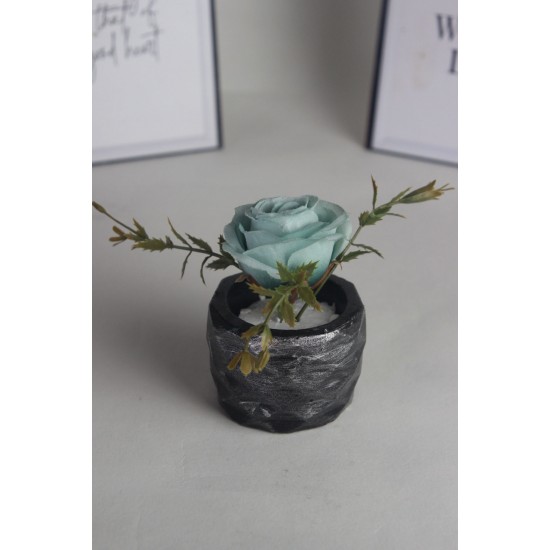 Çiçek Taş Gümüş Gölgeli Saksı Saksı Açık Mavi Gül 1 Adet Yapay