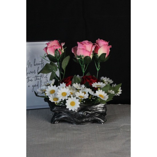 Çiçek Taş Gümüş Gölgeli Saksı  5 Adet Pembe Kırmızı & 25 Başlıklı Papatyalar