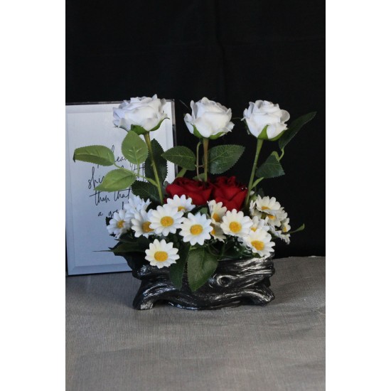Çiçek Taş Gümüş Gölgeli Saksı  5 Adet Beyaz Kırmızı & 25 Başlıklı Papatyalar