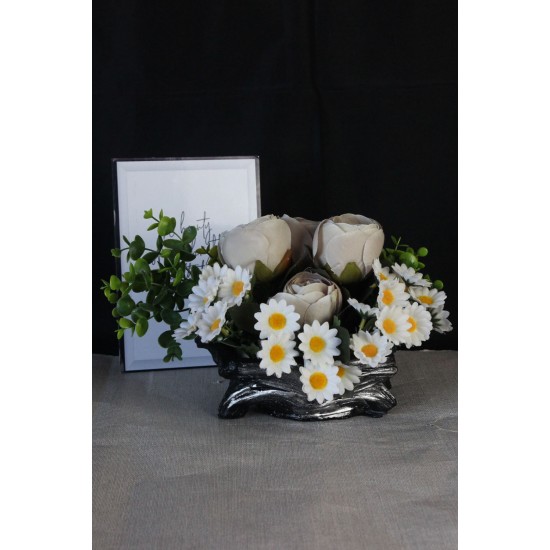 Çiçek Taş Gümüş Saksı 4 Adet Şakayık Çiçeği & 20 Başlıklı Papatyalar Yapay Yeşilliklerle Çevrili