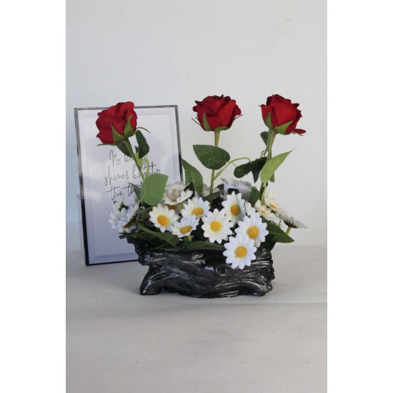 Çiçek Taş Gümüş Gölgeli Saksı  5 Adet Güller Kırmızı Beyaz & 25 Başlıklı