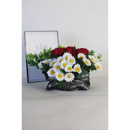 Çiçek Taş Gümüş Gölgeli Saksı 4 Adet Güller 20 Başlıklı Papatyalar Yapay Yeşilliklerle Sarılı
