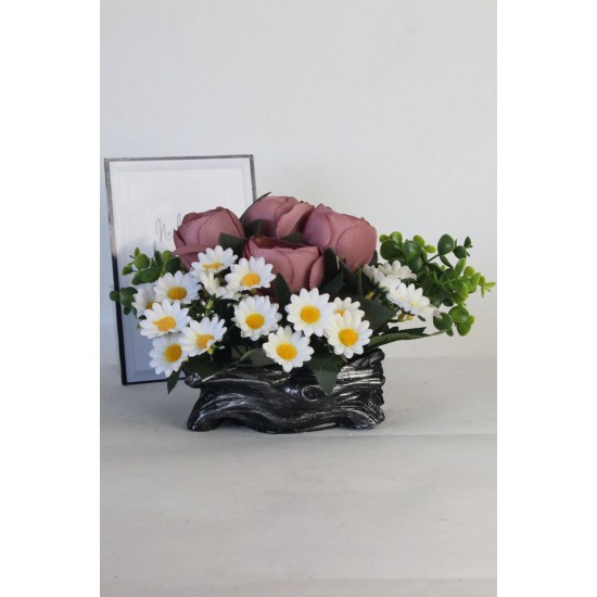 Çiçek Taş Gümüş Saksı 4 Adet Şakayık Çiçeği & 20 Başlıklı Papatyalar Yapay Yeşilliklerle Sarılı