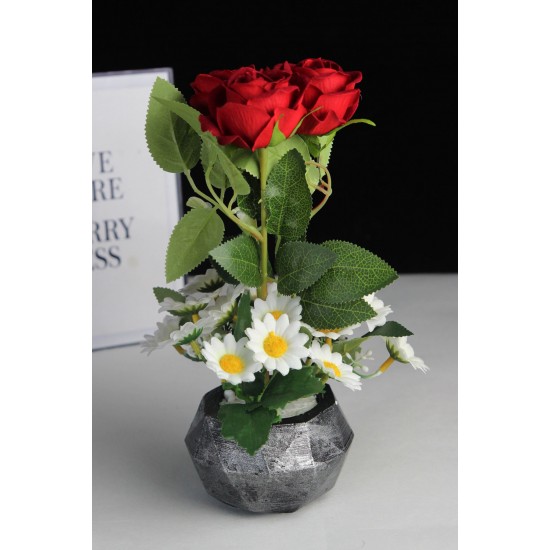 Çiçek Taş Gümüş Gölgeli Kırmızı Güller 3 Adet 15 Adet Papatya Başlıklı Yapay