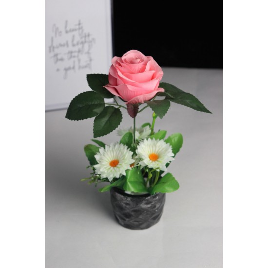 Çiçek Gümüş Taş Saksı Pembe Renkli Gül & 5 Adet Papatyalarla Çevrili Yapay