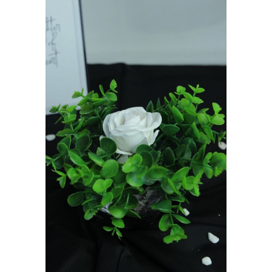 Çiçek Taş Gümüş Gölgeli Saksı Beyaz Gül 1 Adet Yeşilliklerle Çevrili