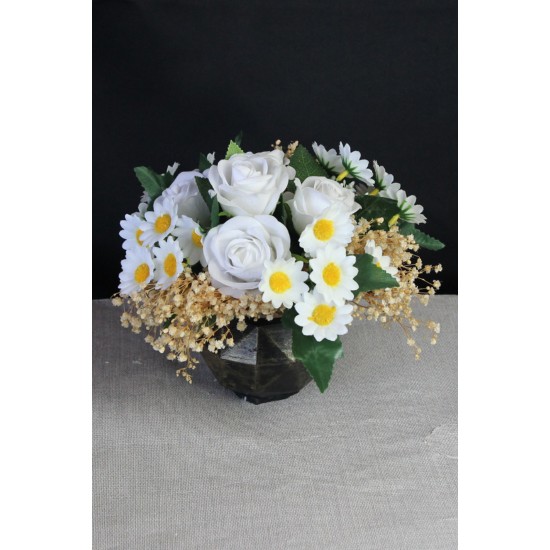 Beyaz Güller 5 Adet 25 Adet Papatya Başlıklı Yapay Çiçek Taş Gold Gölgeli Saksı