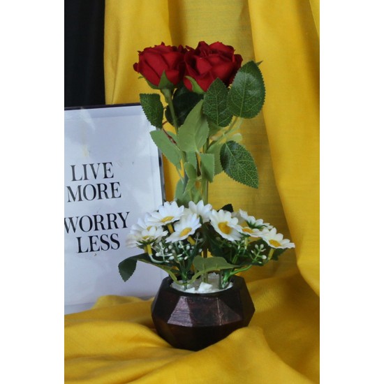 Çiçek Taş Rose Gölgeli Kırmızı Güller 3 Adet 15 Adet Papatya Başlıklı Yapay