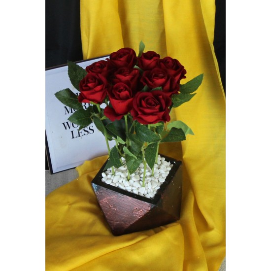 Kırmızı Güller 9 Adet Yapay Taş Rose Gölgeli Saksı