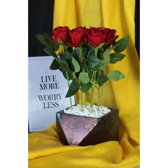 Kırmızı Güller 9 Adet Yapay Taş Rose Gölgeli Saksı