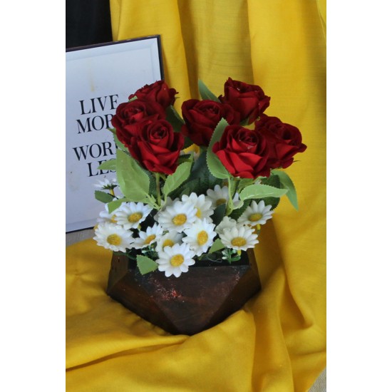 Çiçek Taş Rose Gölgeli Saksı Kırmızı Güller 7 Adet & Papatya 25 Başlıklı Yapaylar
