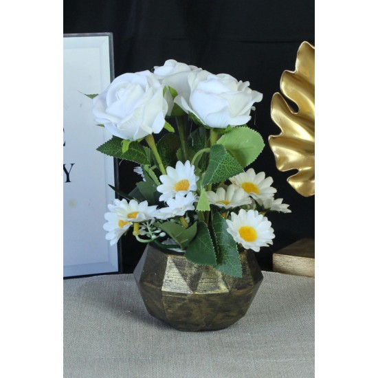 Beyaz Güller 3 Adet 15 Adet Papatya Başlıklı Yapay Çiçek Taş Gold Gölgeli Saksı