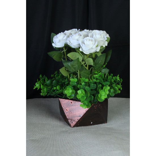 Çiçek Taş Rose Gölgeli Saksı Beyaz Güller 9 Adet Yeşil Çiçeklerle Sarılı Yapay