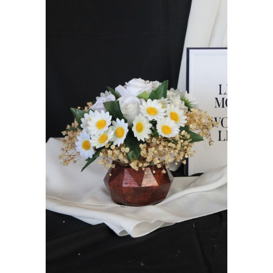 Beyaz Güller 5 Adet 25 Adet Papatya Başlıklı Yapay Çiçek Taş Rose Gölgeli Saksı