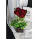 Çiçek Taş Rose Gölgeli Saksı Kalp Desenli Kırmızı Güller 4 Adet Yeşilliklerle Çevrili Yapay