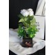 Çiçek Taş Rose Gölgeli Saksı Kalp Desenli Beyaz Güller 4 Adet Yeşilliklerle Çervrili Yapay