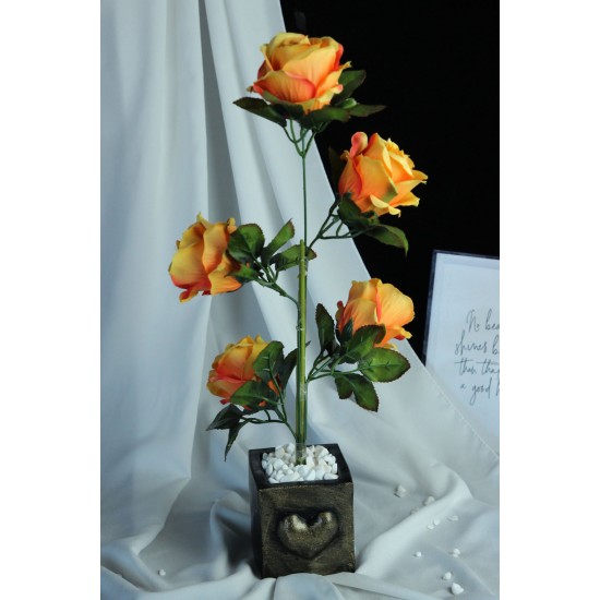 Çiçek Taş Gold Gölgeli Saksı Kalpli Sarı Ateş Renkli Yapay Güller 5 Adet