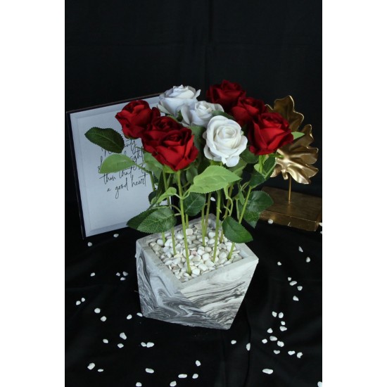 Kırmızı & Beyaz Güller 9 Adet Yapay Taş Saksı