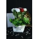 Kırmızı & Beyaz Güller 9 Adet Yapay Taş Saksı Yeşil Çiçeklerle Sarılı