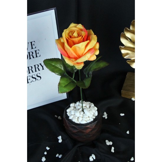 Çiçek Taş Rose Gölgeli Saksı Sarı Ateş Renkli Yapay Gül