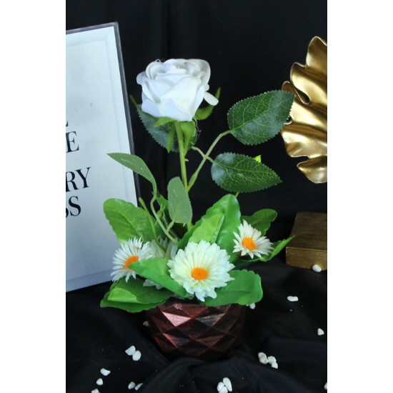 Çiçek Taş Rose Gölgeli  Saksı Beyaz Gül & 5 Adet Papatyalarla Çevrili Yapay