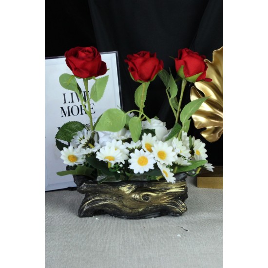 Çİçek Taş Gold Gölgeli Saksı 5 Adet Güller Kırmızı Beyaz & 25 Başlıklı