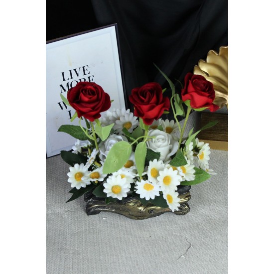 Çİçek Taş Gold Gölgeli Saksı 5 Adet Güller Kırmızı Beyaz & 25 Başlıklı