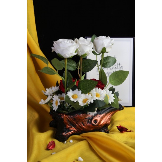Çİçek Taş Rose Gölgeli Saksı 5 Adet Beyaz Kırmızı & 25 Başlıklı Papatyalar