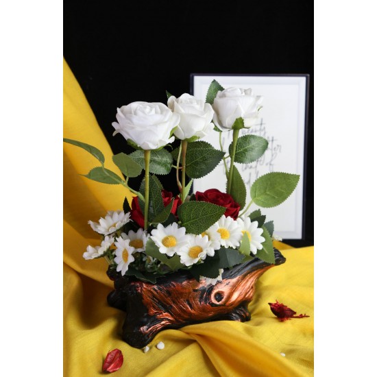 Çİçek Taş Rose Gölgeli Saksı 5 Adet Beyaz Kırmızı & 25 Başlıklı Papatyalar
