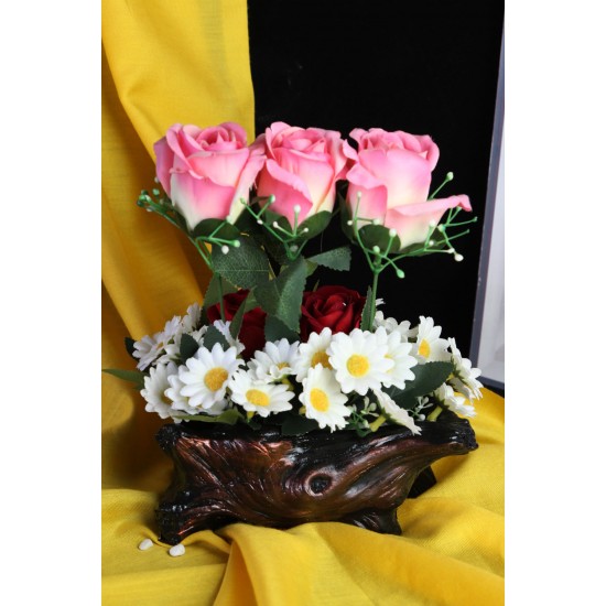 Çİçek Taş Rose Gölgeli Saksı  5 Adet Pembe Kırmızı & 25 Başlıklı Papatyalar