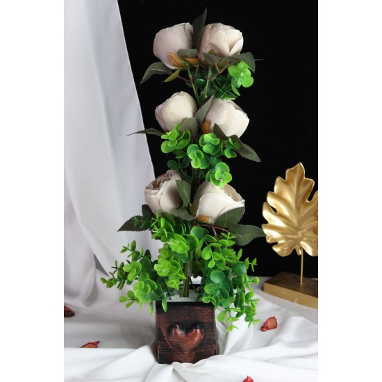 Çiçek Taş Rose Gölgeli Beyaz Saksı Kalpli Şakayık Çiçeği 6 Adet Yapay Yeşil Çiçeklerle Sarılı