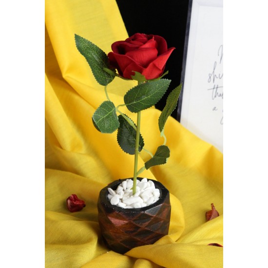 Çiçek Taş Rose Gölgeli Saksı Kırmızı Yapay Gül