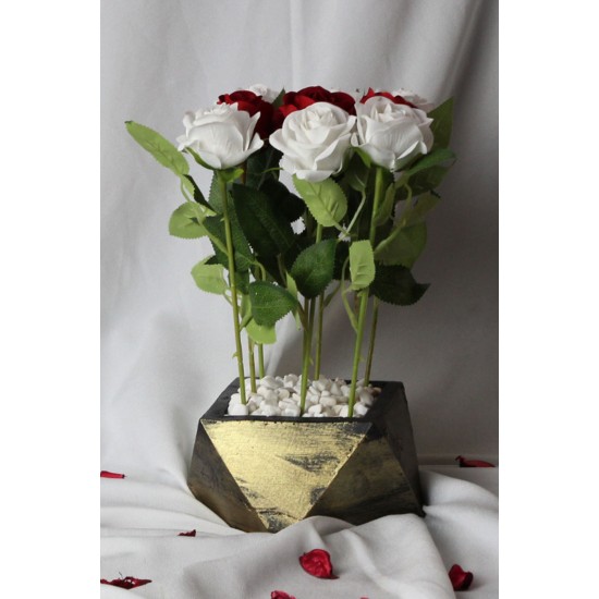 Kırmızı & Beyaz Güller 9 Adet Yapay Taş Gold Gölgeli Saksı