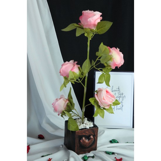 Çiçek Taş Rose Gölgeli Saksı Kalpli Pembe Yapay Güller 5 Adet