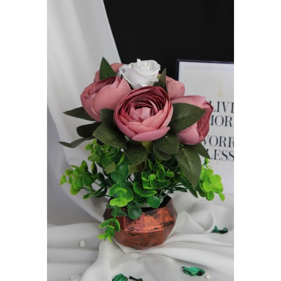 Çiçek Taş Rose Gölgeli Saksı Şakayık & Beyaz Güller Yeşilliklerle Sarılı
