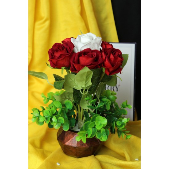 Çiçek Taş Rose Gölgeli  Saksı Kırmızı Beyaz 6 Adet & Güller Yeşilliklerle Sarılı