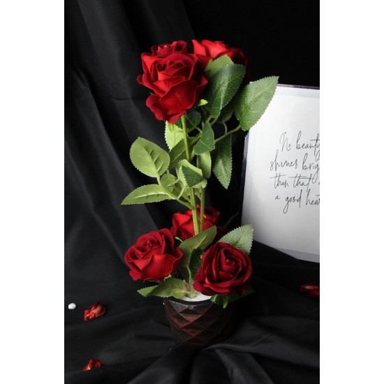 Kırmızı Güller 6 Adet Yapay Taş Saksı Rose Gölgeli