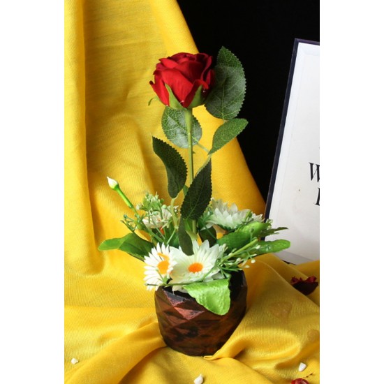 Çiçek  Rose Taş Saksı Kırmızı Renkli Gül & 5 Adet Papatyalarla Çevrili Yapay