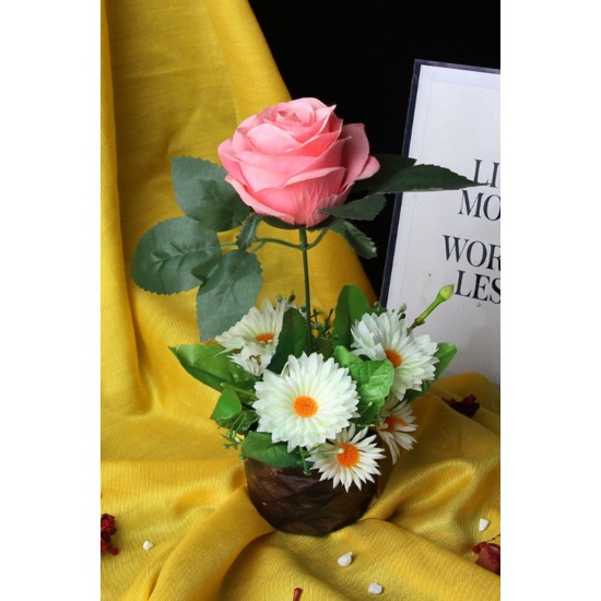 Çiçek  Rose Taş Saksı Pembe Renkli Gül & 5 Adet Papatyalarla Çevrili Yapay
