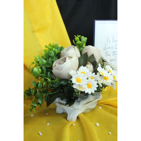 Çiçek MermerGörünümlü TaşSaksı 4Adet Şakayık Çİçeği&20 Başlıklı PapatyalarYapay Yeşilliklerle Sarılı