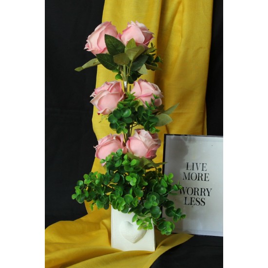 Çiçek Taş Kalpli Saksı Pembe Güller 6 Adet Yapay Yeşilliklerle Sarılı